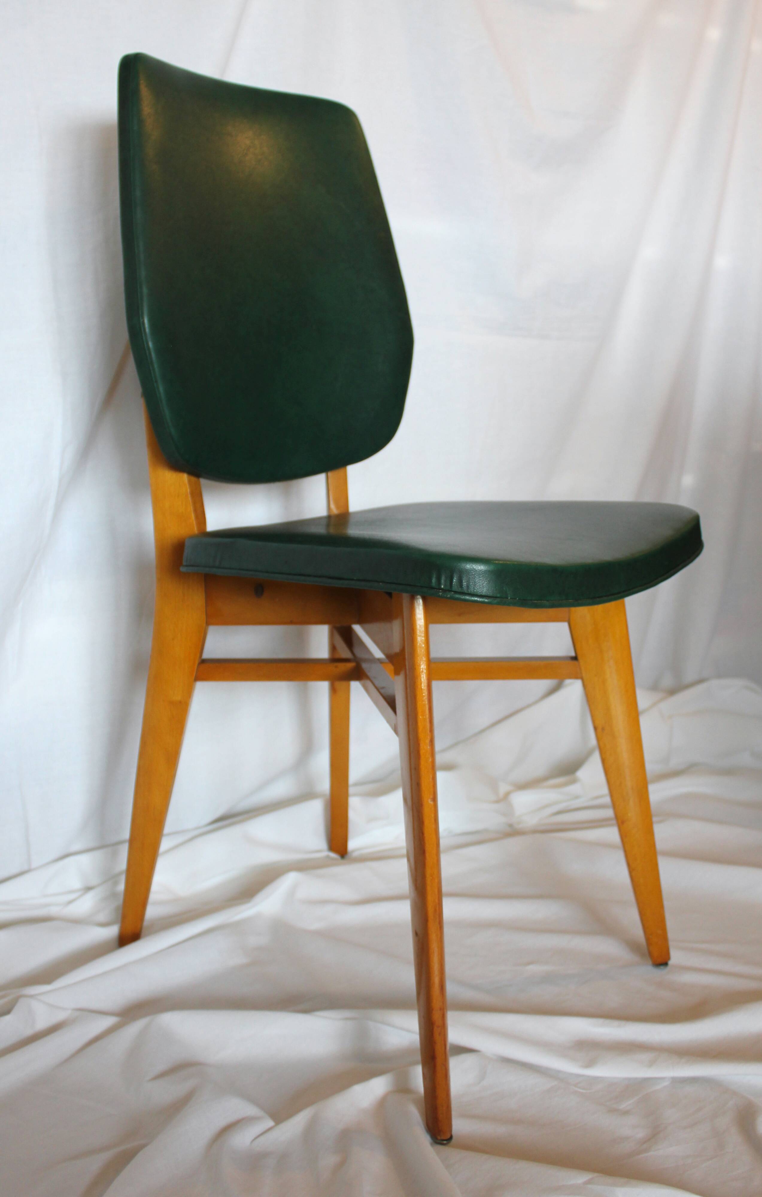 Set of 4 vintage chairs wood and skai green