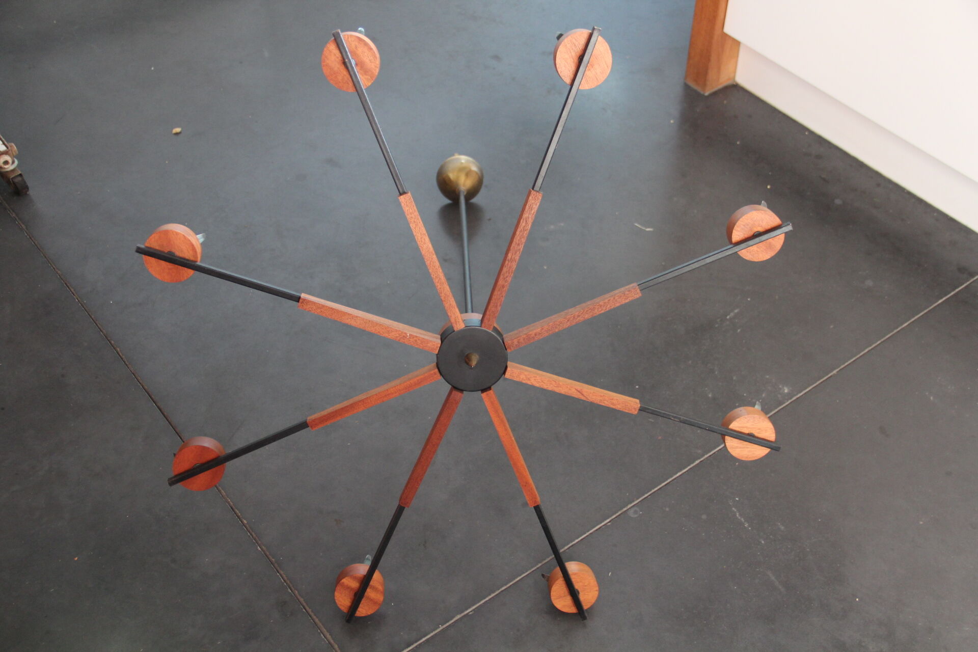 Scandinavian chandelier with 8 arms of light, teak, circa 1965