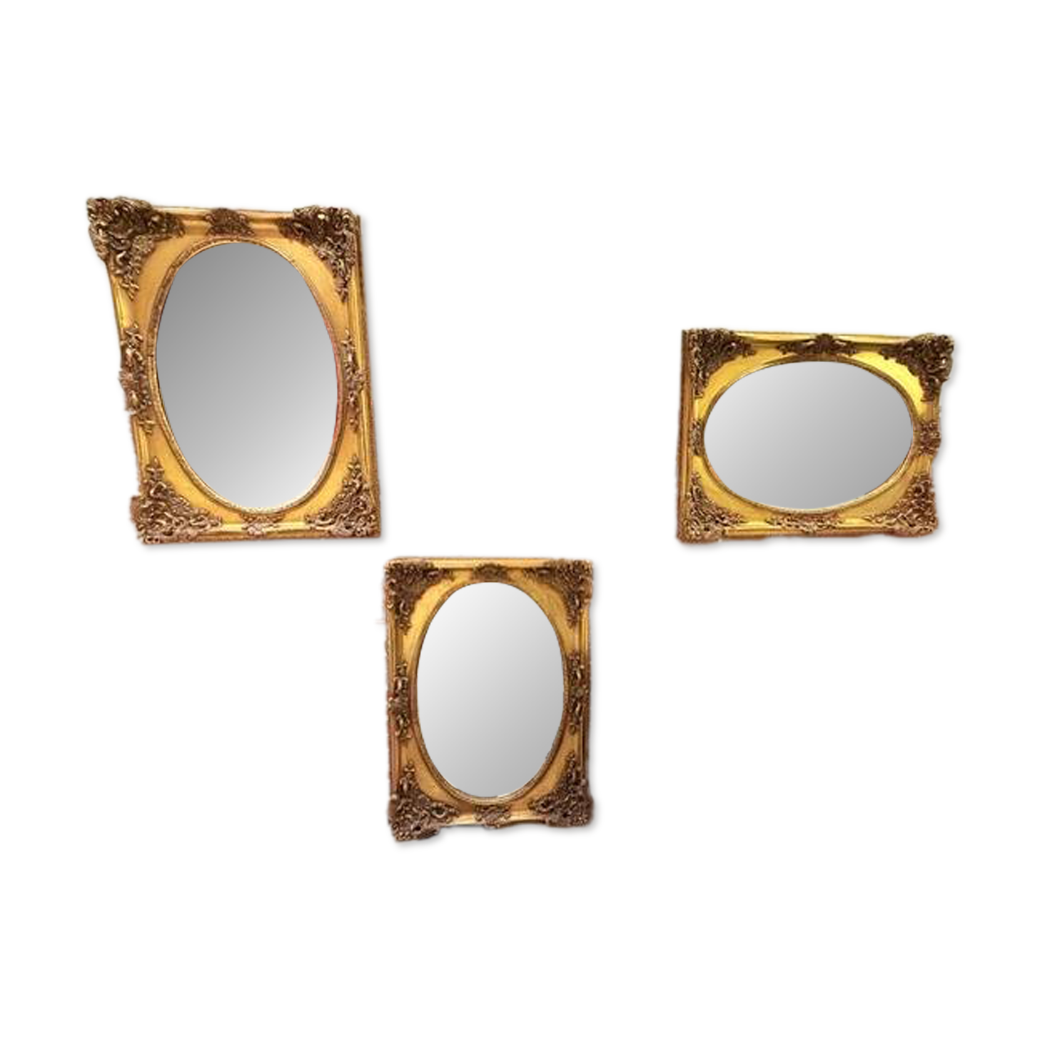 3 large oval mirrors, 19th century style, gilded with square frames and beautiful moulding.