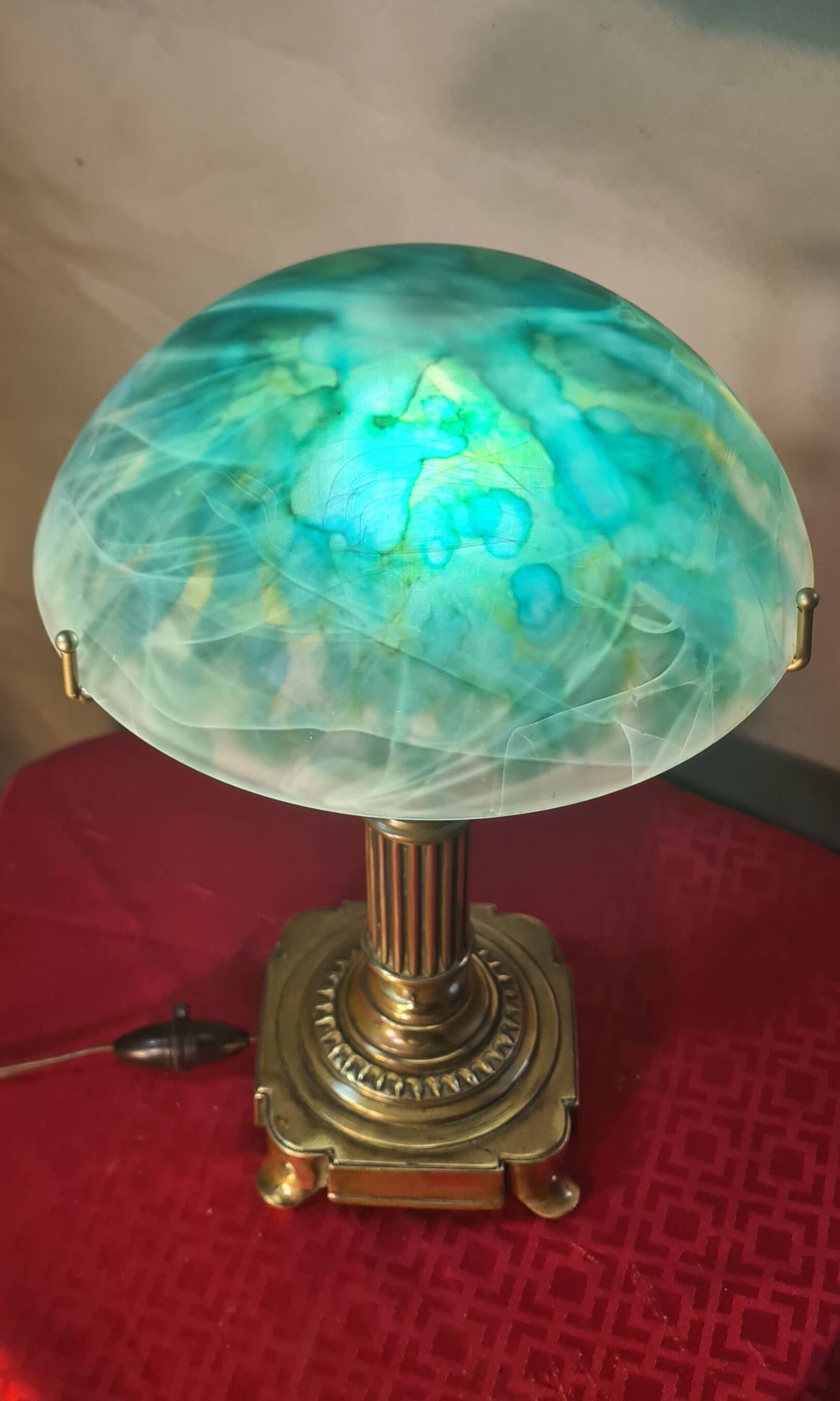 1930s bronze and brass desk lamp 39x22 superb glass lampshade elec ok