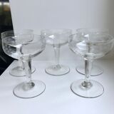 Set of 5 champagne glasses in crystal engraved 50s