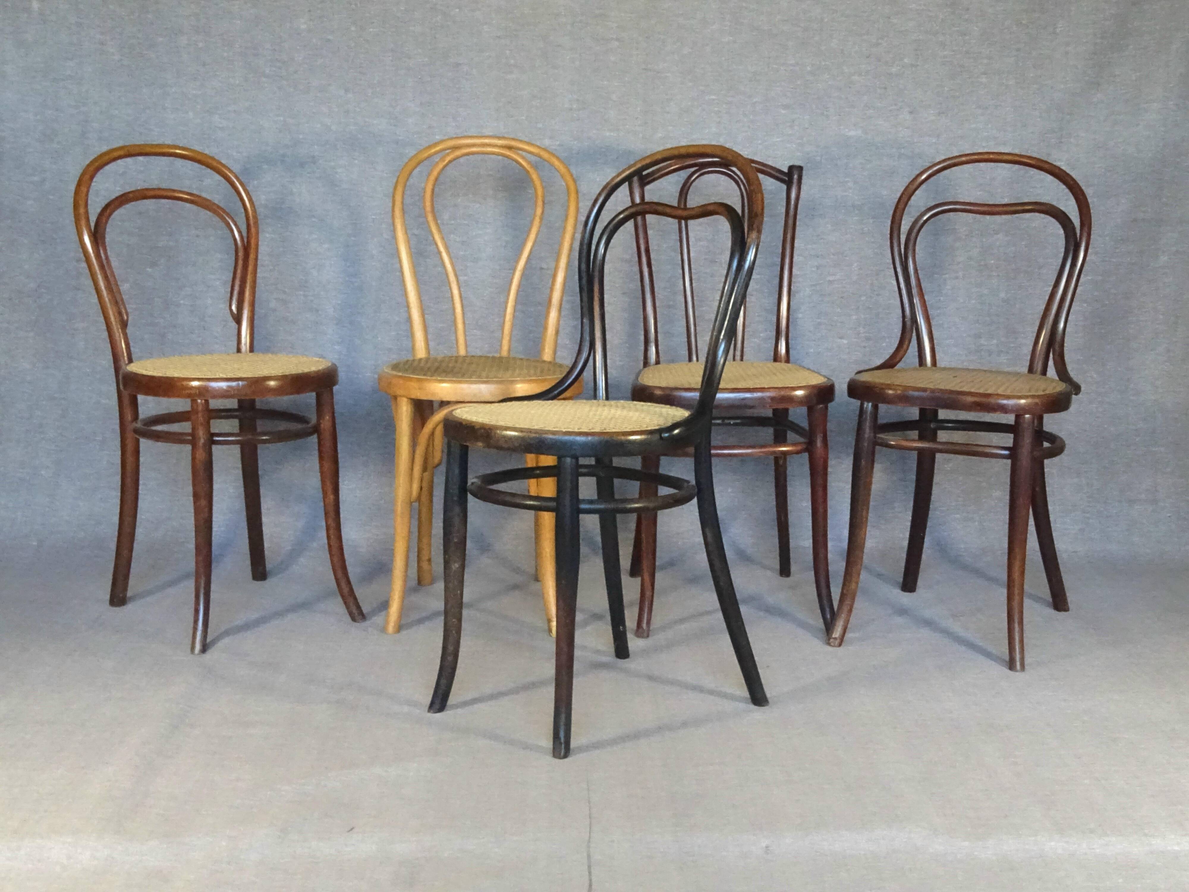 5 "half" bistro chairs, mismatched, 1910 to 1930 - Caned (4 Thonet)