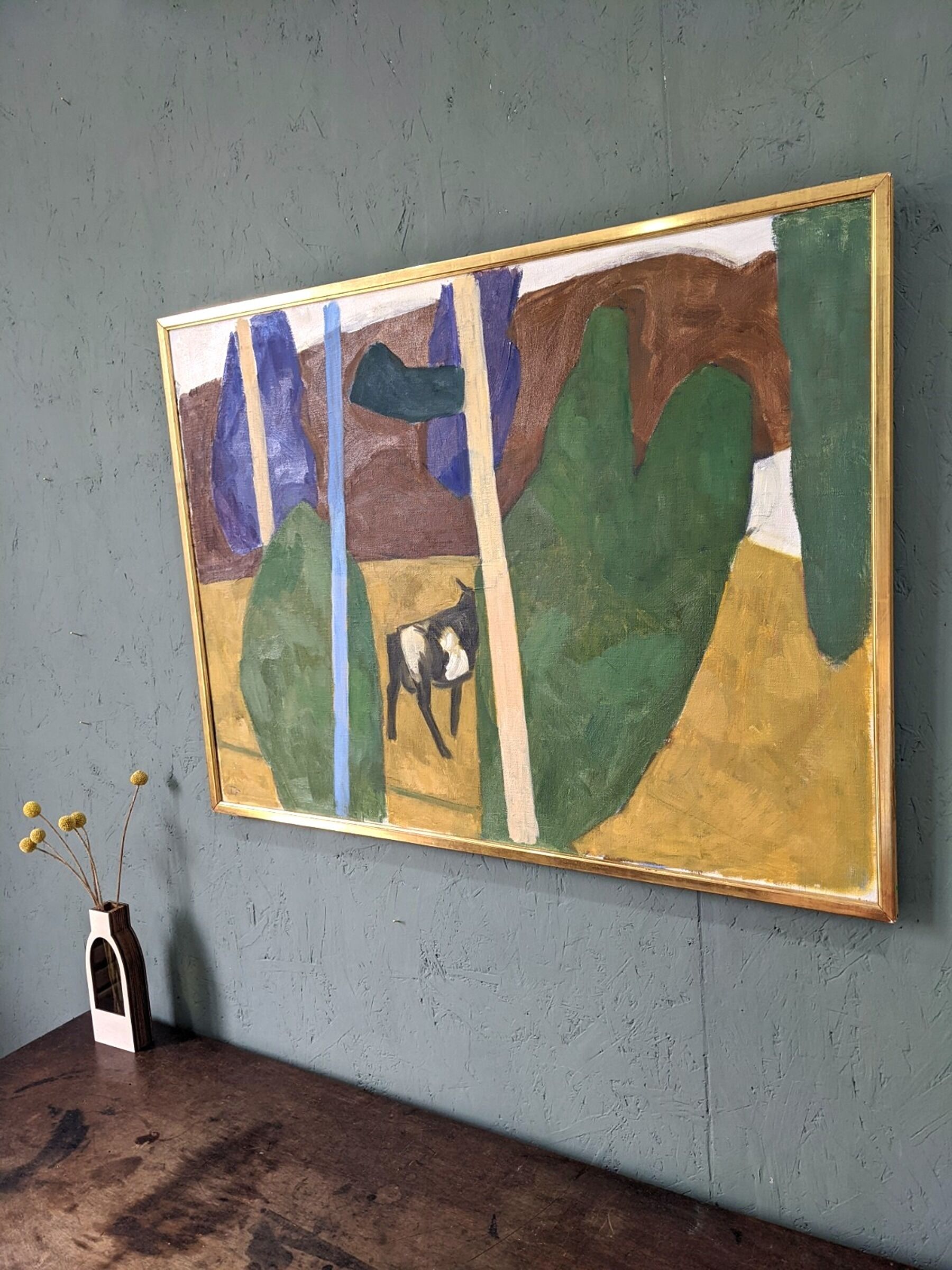 Mid-Century Modern "Modernist Cow" Swedish Vintage Landscape Oil Painting by Ture Fabianssonb