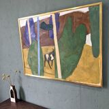 Mid-Century Modern "Modernist Cow" Swedish Vintage Landscape Oil Painting by Ture Fabianssonb