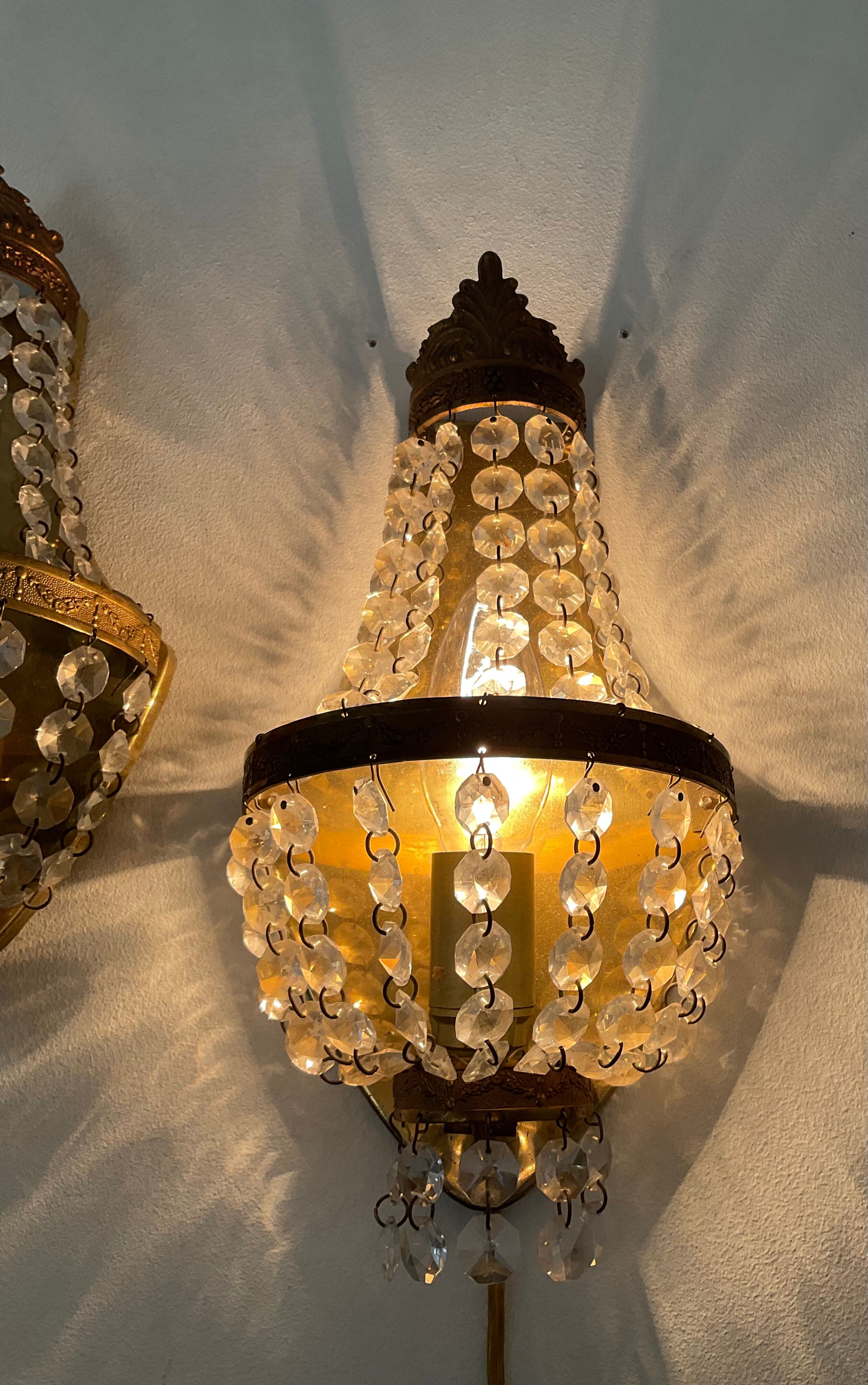 Pair of hot air balloon wall lamps with crystal and brass grapevines