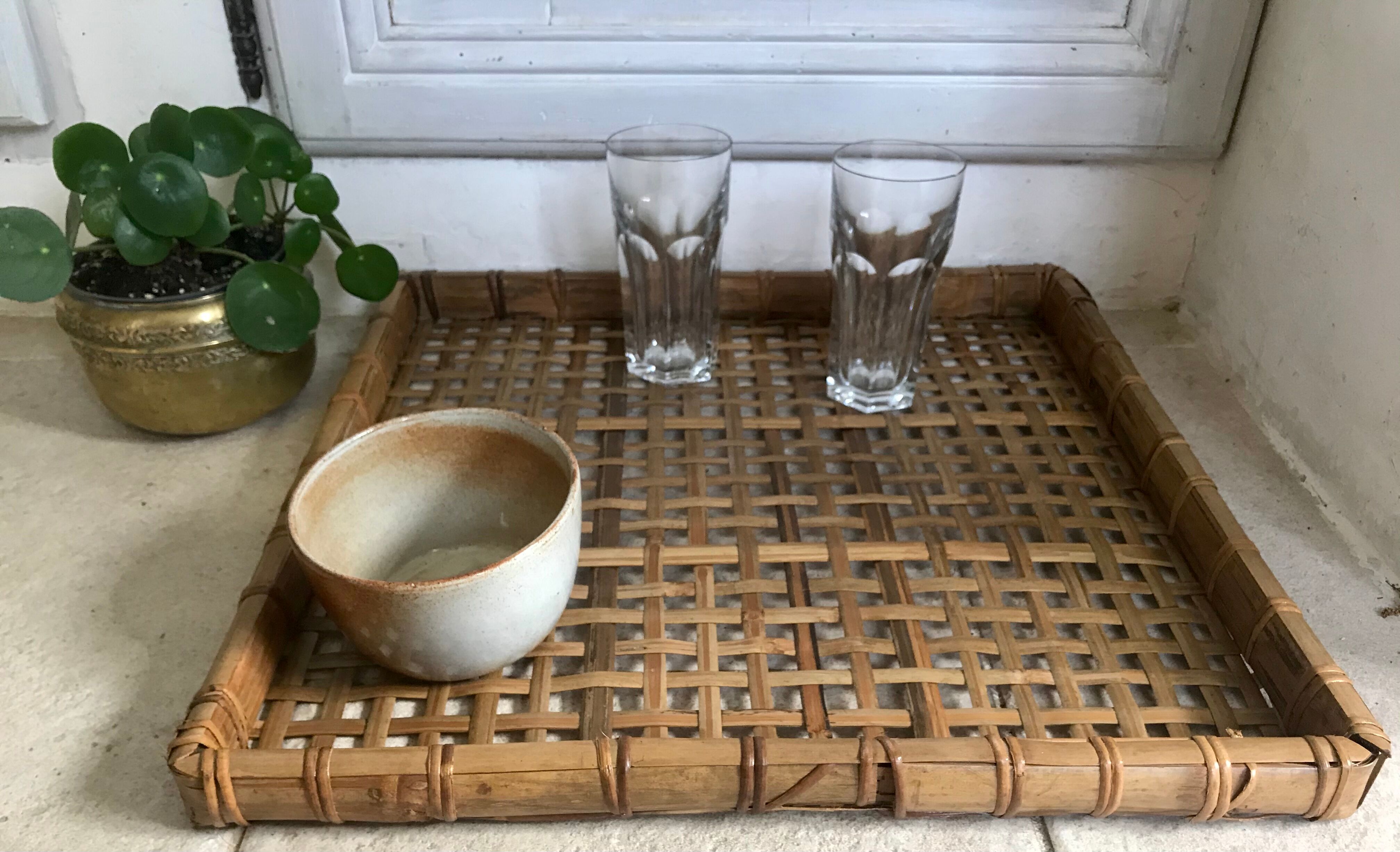 Plateau rotin et bambou  vintage 45X45cm