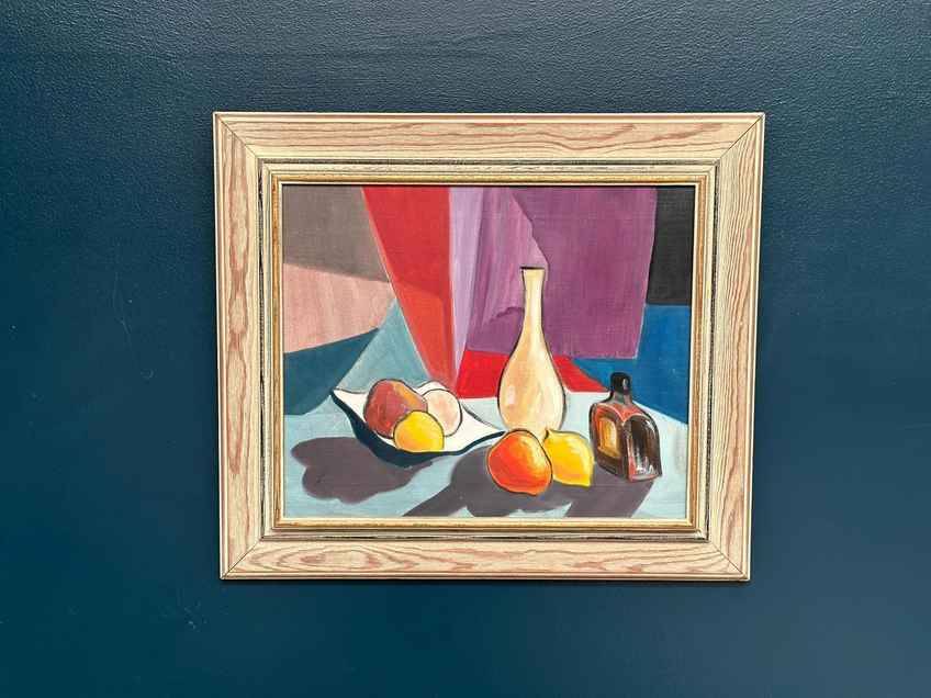 Huile sur toile originale suédoise – “Stilleben” par L. Norberg – Vintage et encadrée – 61 × 53 cm (24" × 20,9")