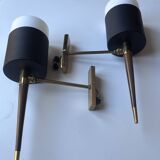 Pair of vintage arlus wall lights – black metal, brass, opaline glass & wood –