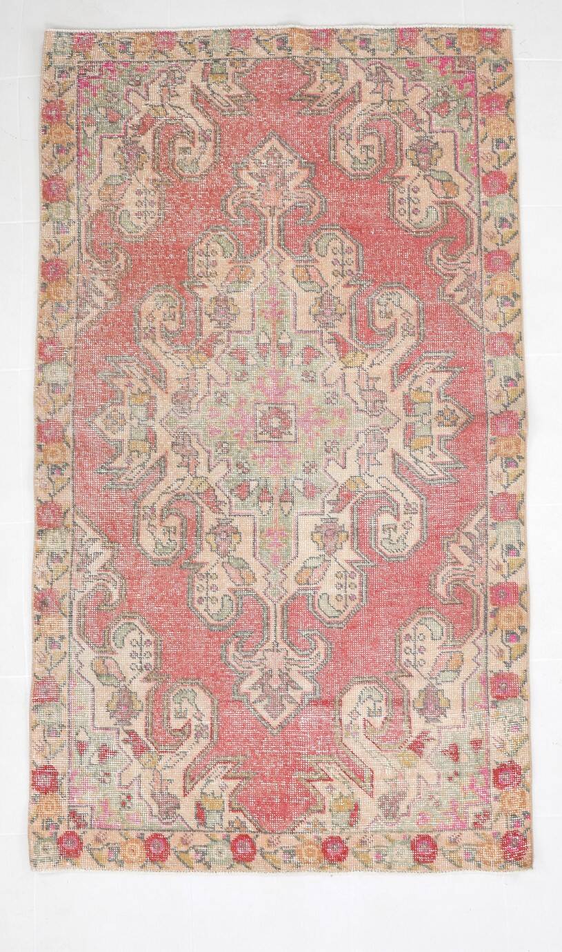 4x7 Vintage Small Size Area Faded Coral Red Turkish Vintage Rug, 127x223 Cm