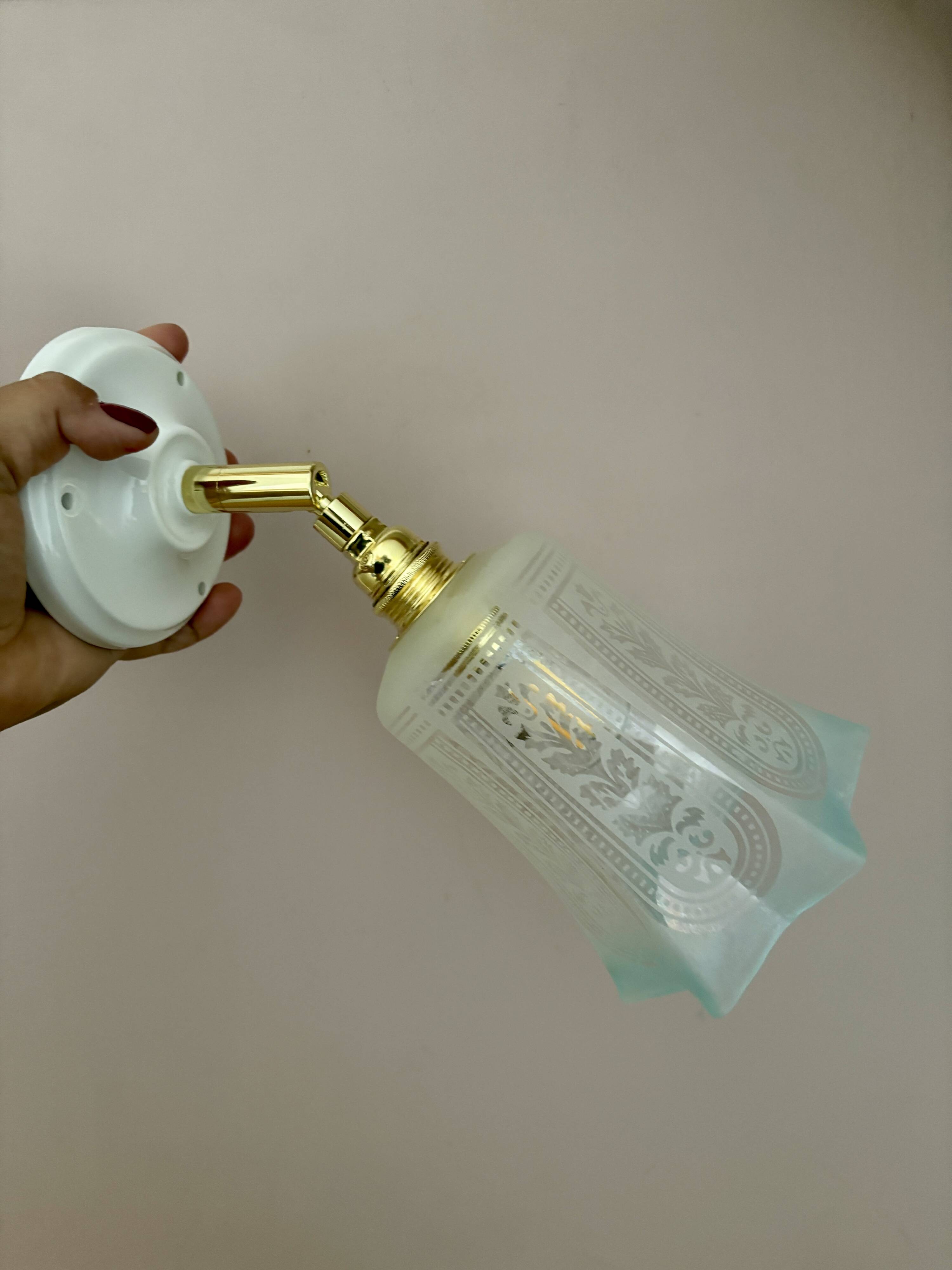 Vintage tulip wall lamp in white and blue frosted glass