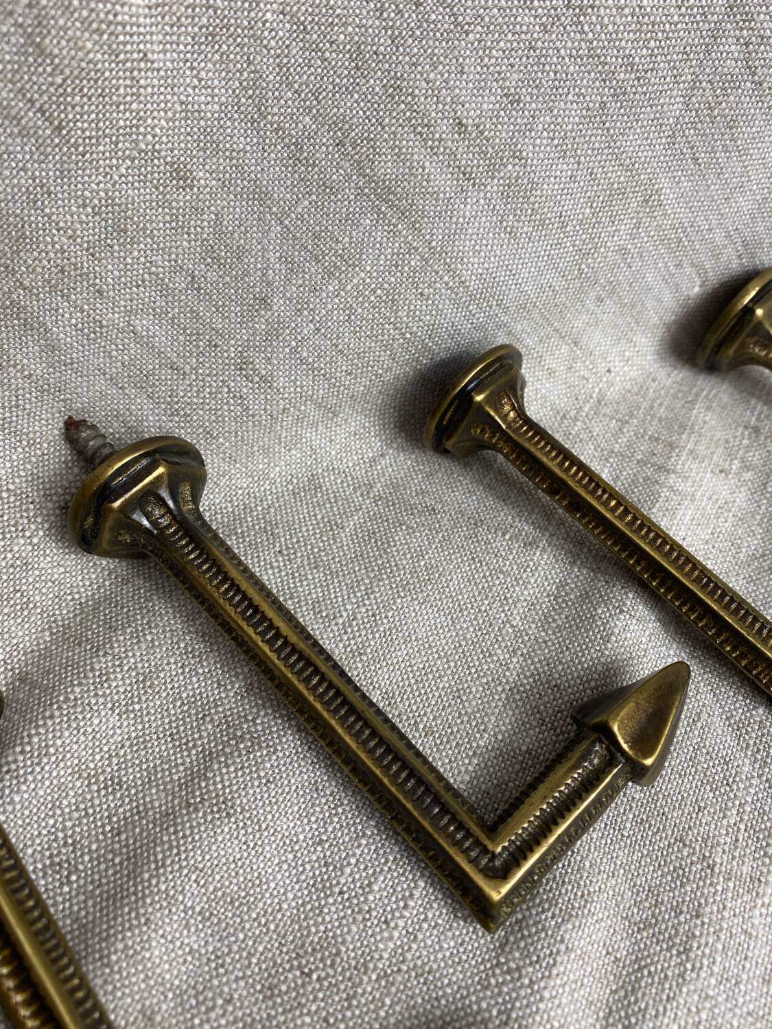 Antique brass curtain hooks and tiebacks