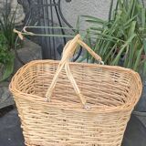 Rattan basket, woven wicker, with two vintage handles
