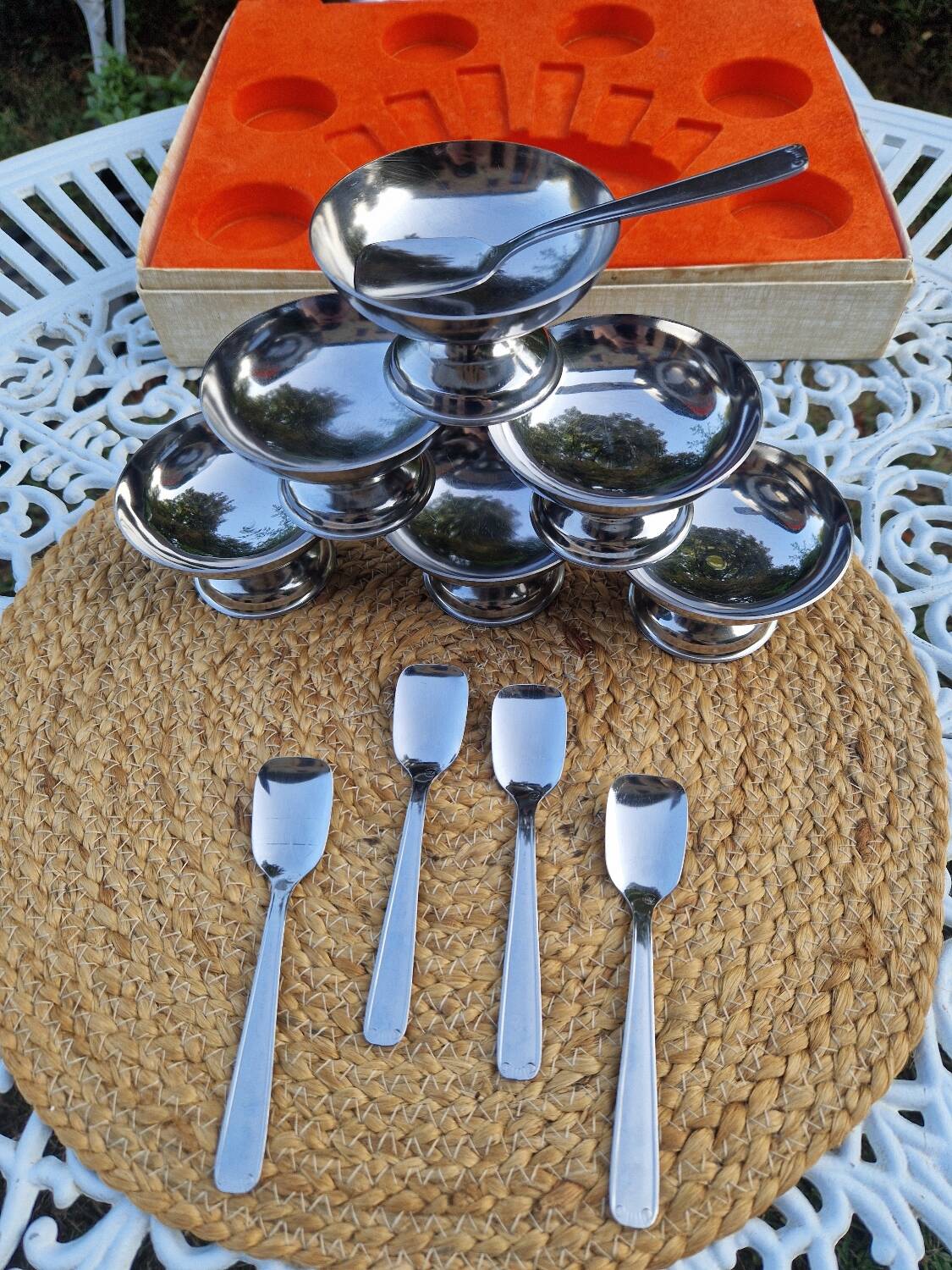 Lot de 6 bols à dessert vintage en acier inoxydable avec 5 cuillères