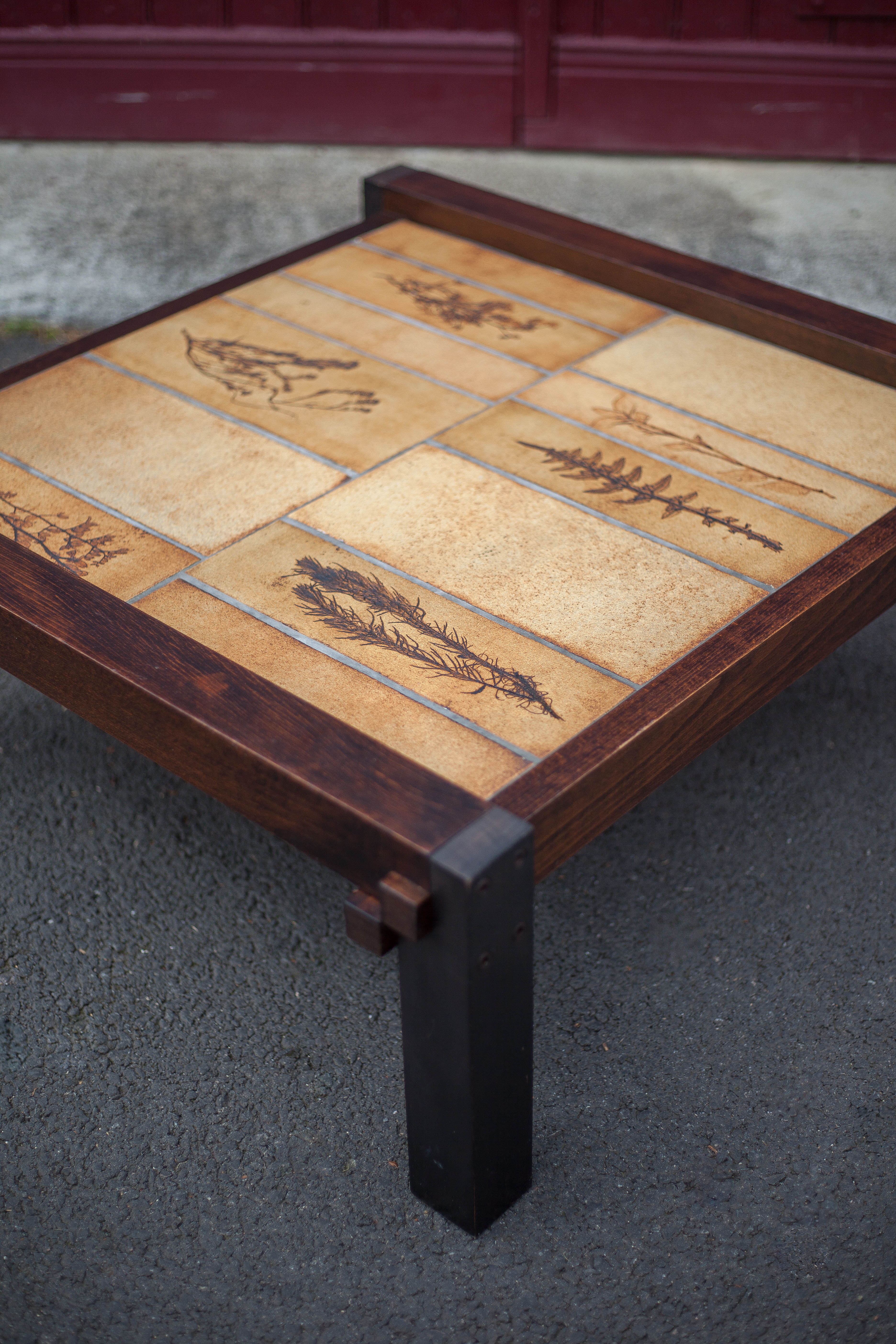 Herbarium ceramic coffee table with wooden structure, capron table, interior decoration