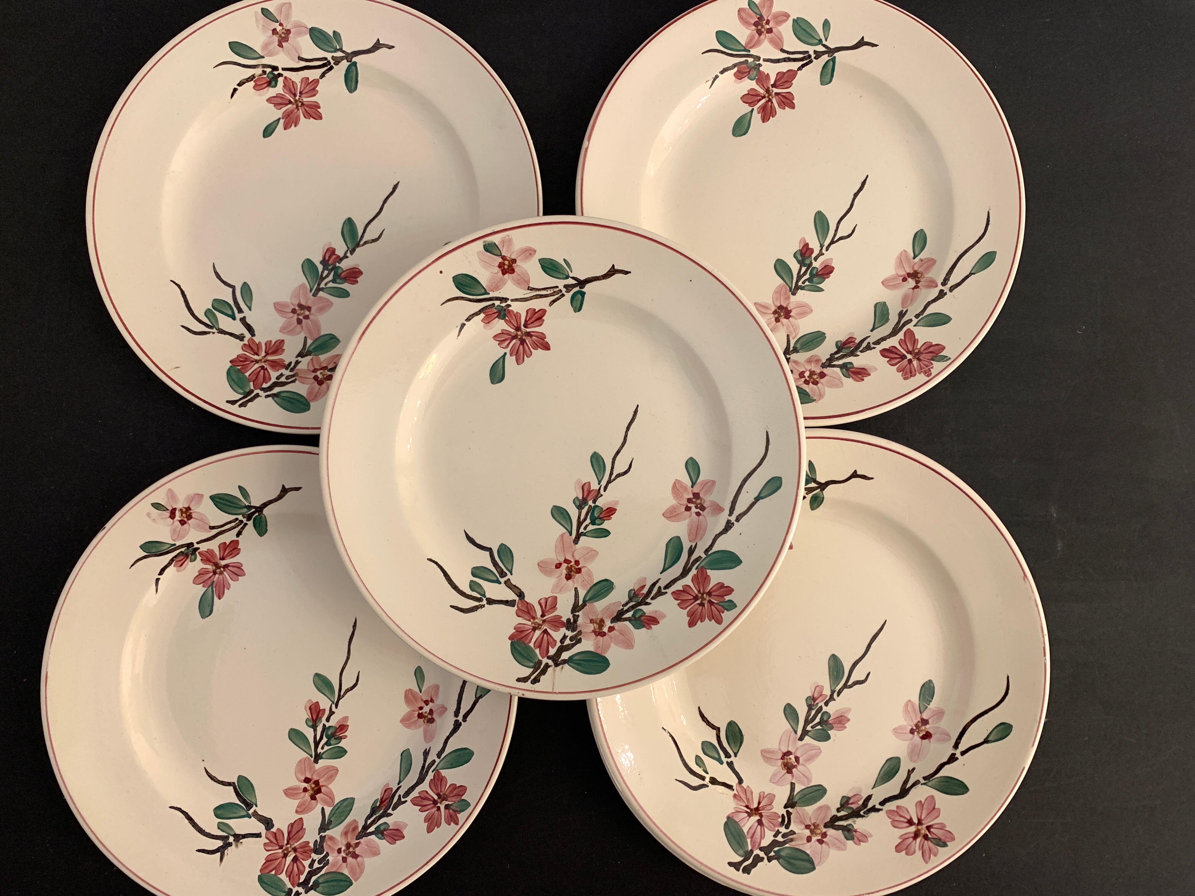 5 assiettes à dessert Digoin Sarreguemines, modèle Aigues Vives, 1940