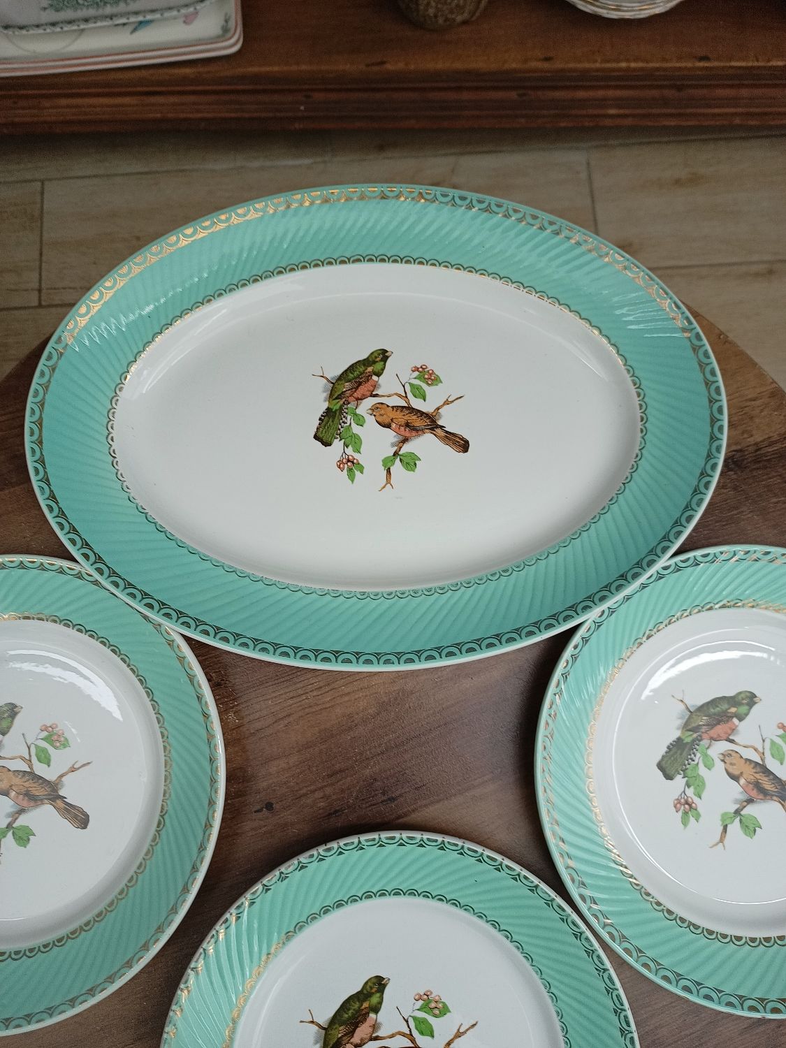 Lot 1 large oval dish and 3 bird plates Green background