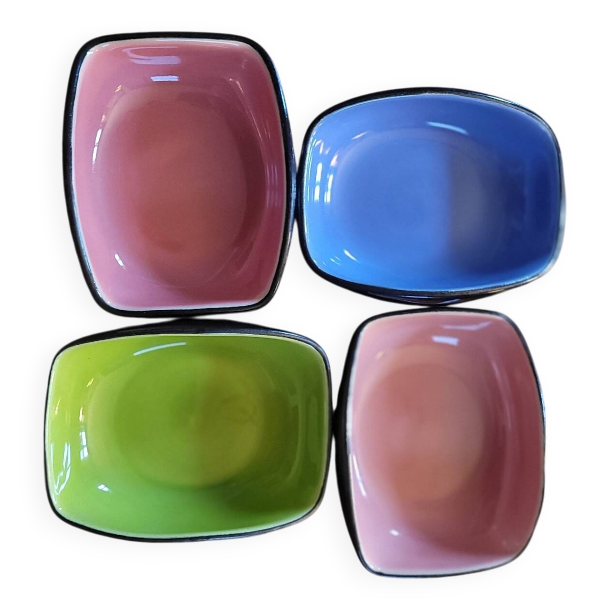 Set of 4 ceramic glazed multicoloured bowls/trinket dishes.
