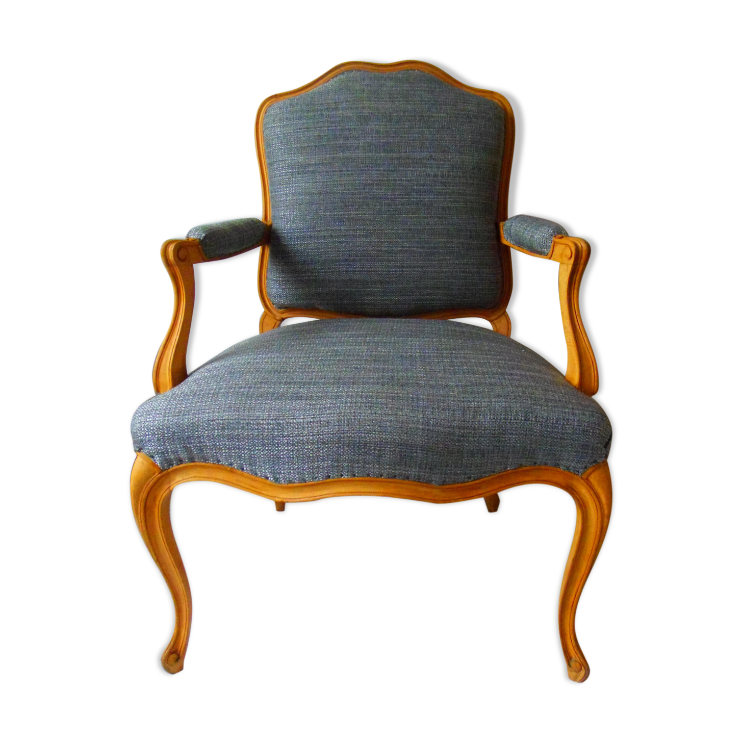 Louis XV style chair trim lined with a mottled grey wool, medium oak waxed finish