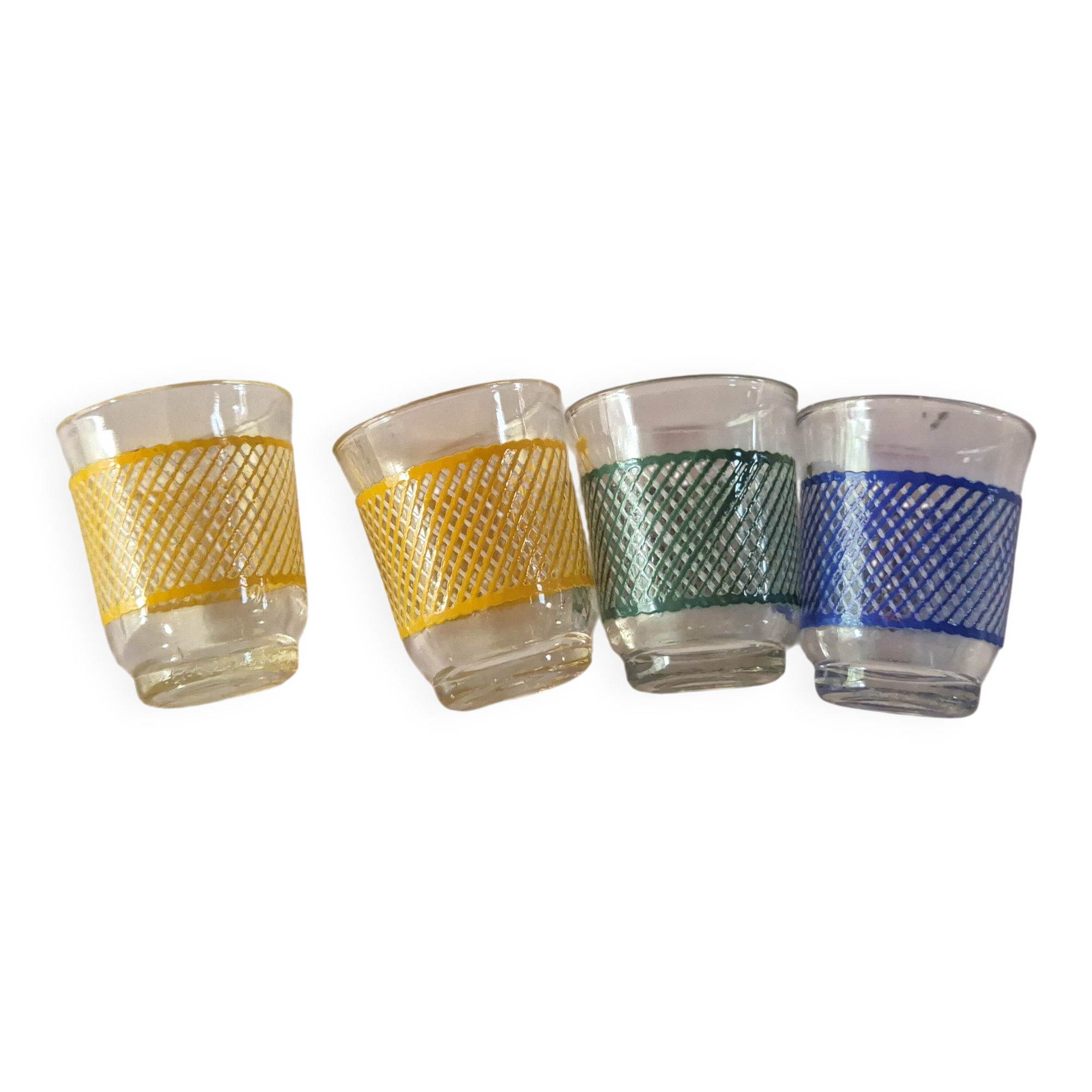 set of 4 vintage liqueur glasses in yellow, green, and blue