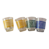 set of 4 vintage liqueur glasses in yellow, green, and blue