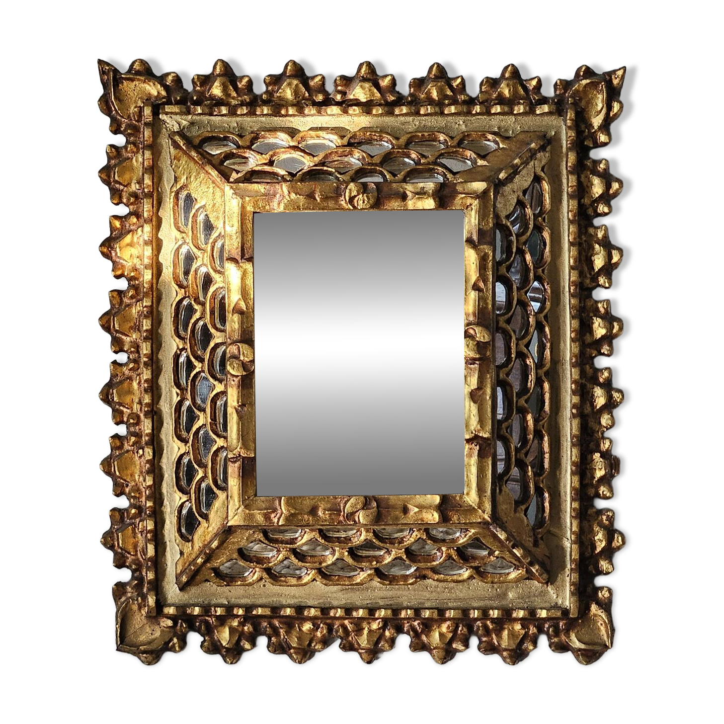 Miroir vintage ethnique bois doré artisanal 1950