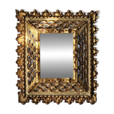 Vintage ethnic mirror, handcrafted golden wood, 1950.