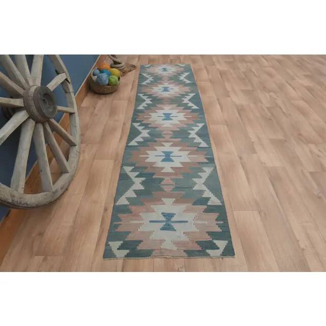 1970s Vintage Turkish Handmade Wool & Cotton Green Runner Rug  73x291