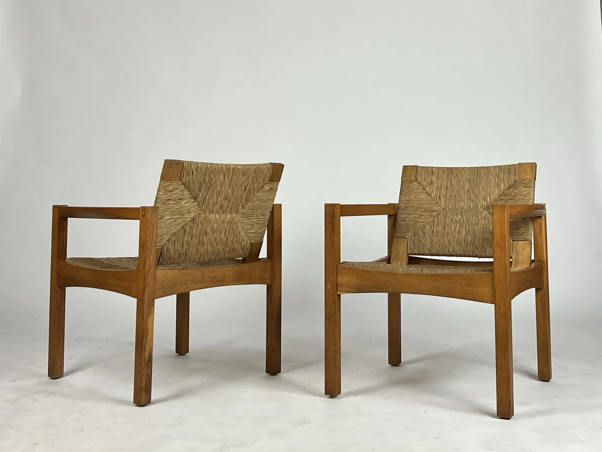 Set of 2 Vintage armchair easy chairs oak & seagrass 60s mid-century