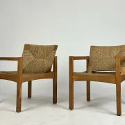 Set of 2 Vintage armchair easy chairs oak & seagrass 60s mid-century