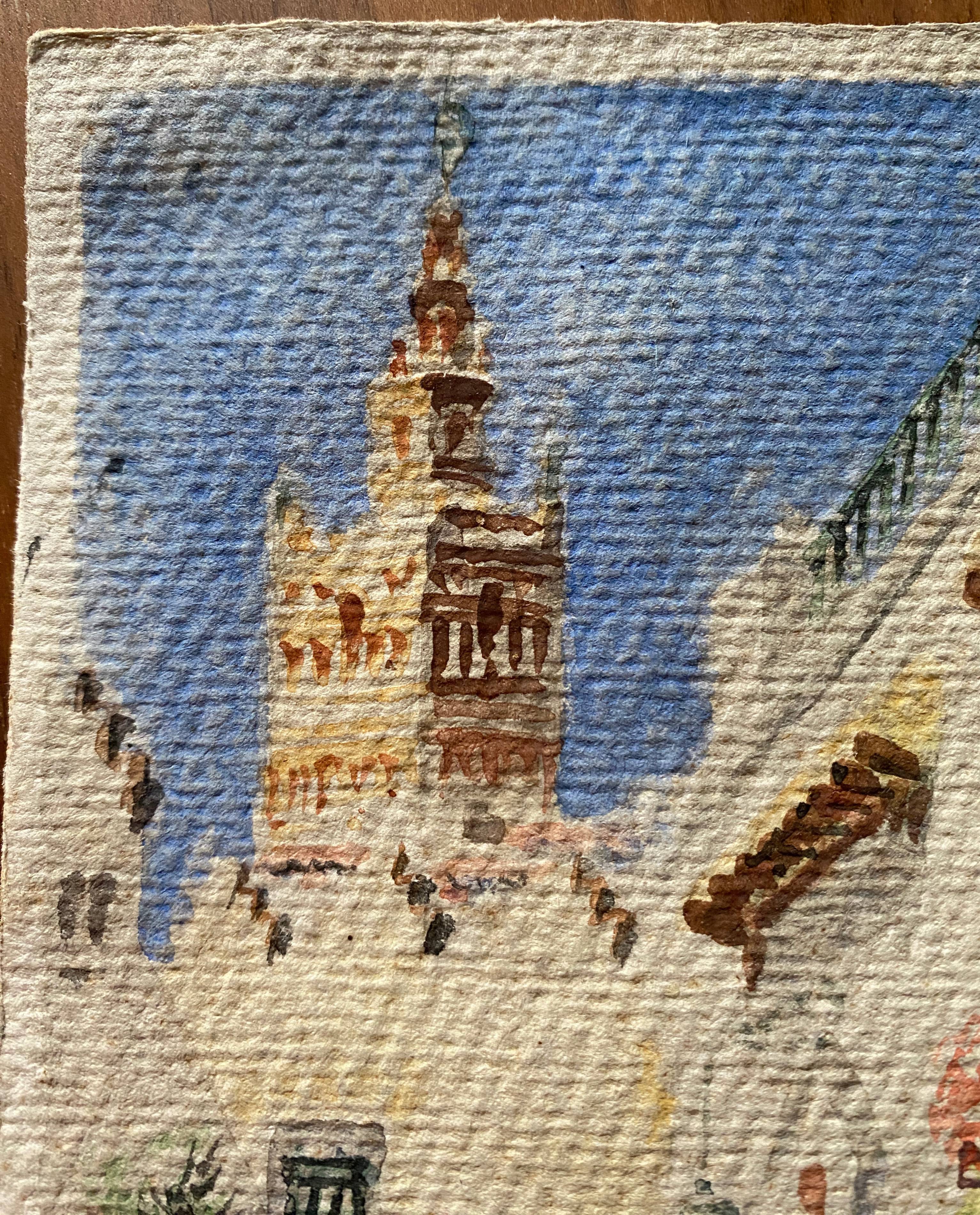 Watercolor Painting "Orientalist landscape" lively alley and mosque