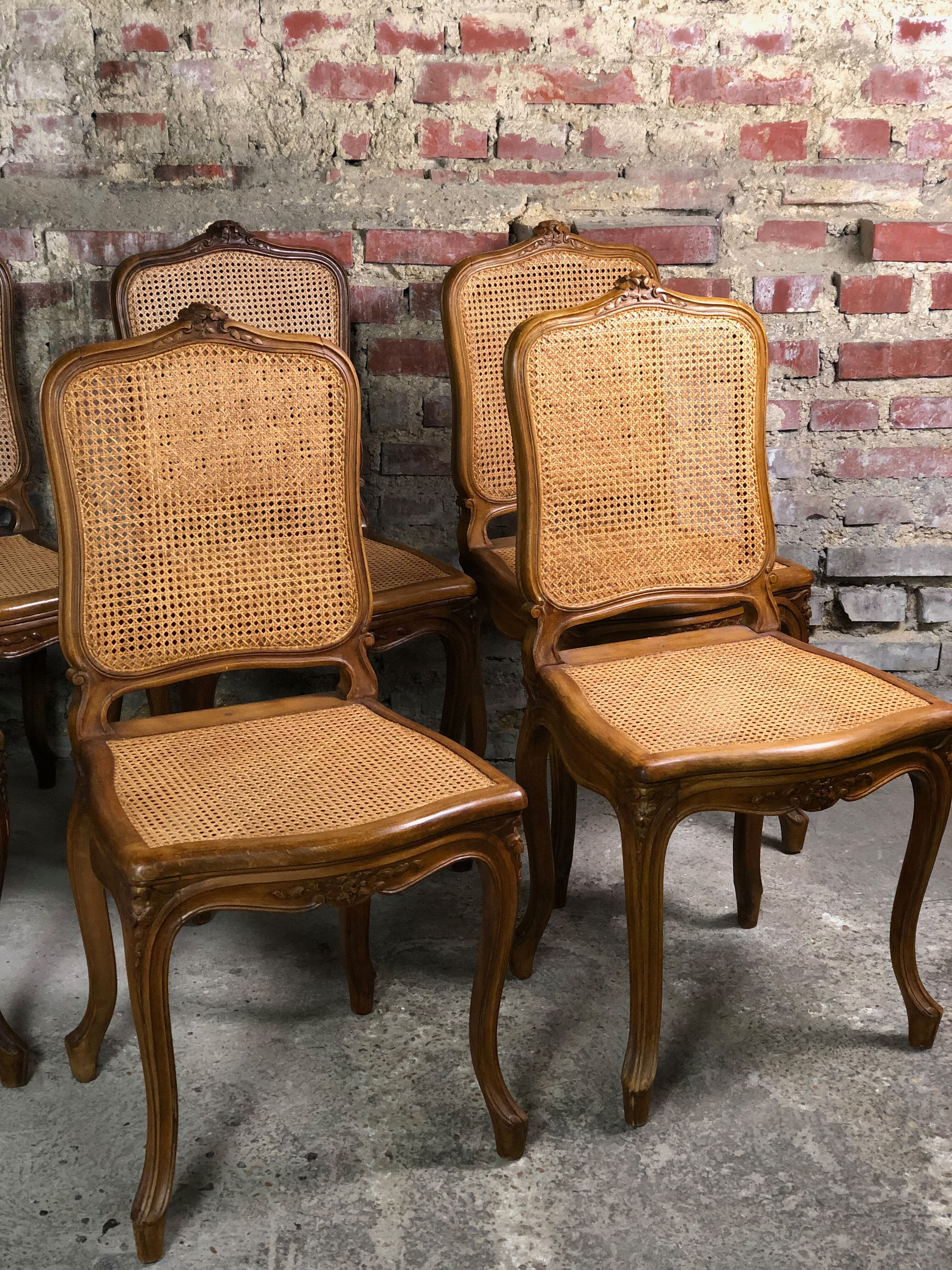 Chairs (lot of 6) Louis XV style in solid walnut caned 1940