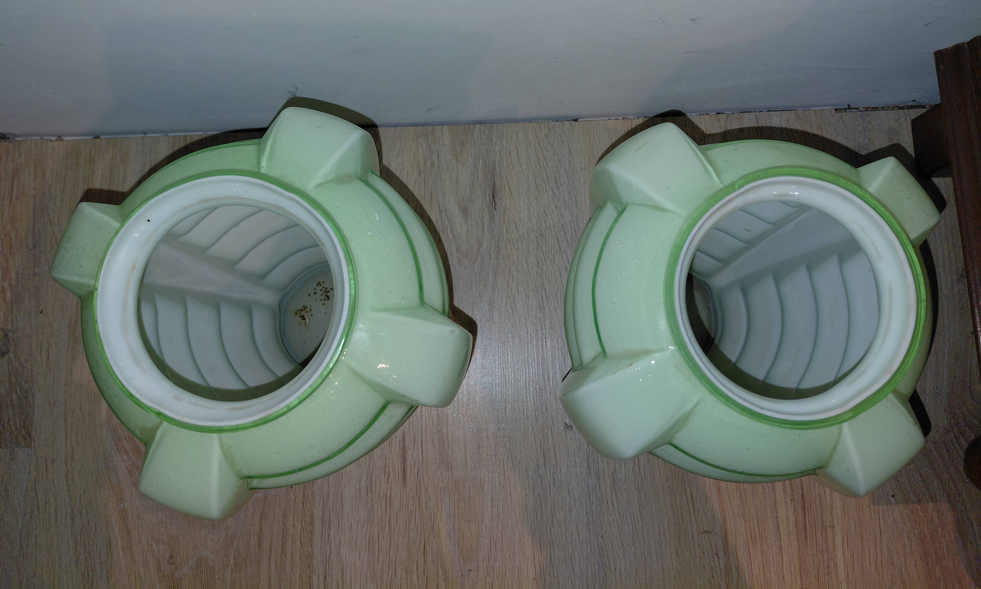 Set of two Art Deco uranium opaline skyscraper vases.