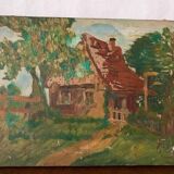 Tableau ancien impressionniste, maison de campagne, signé / fin XIXème