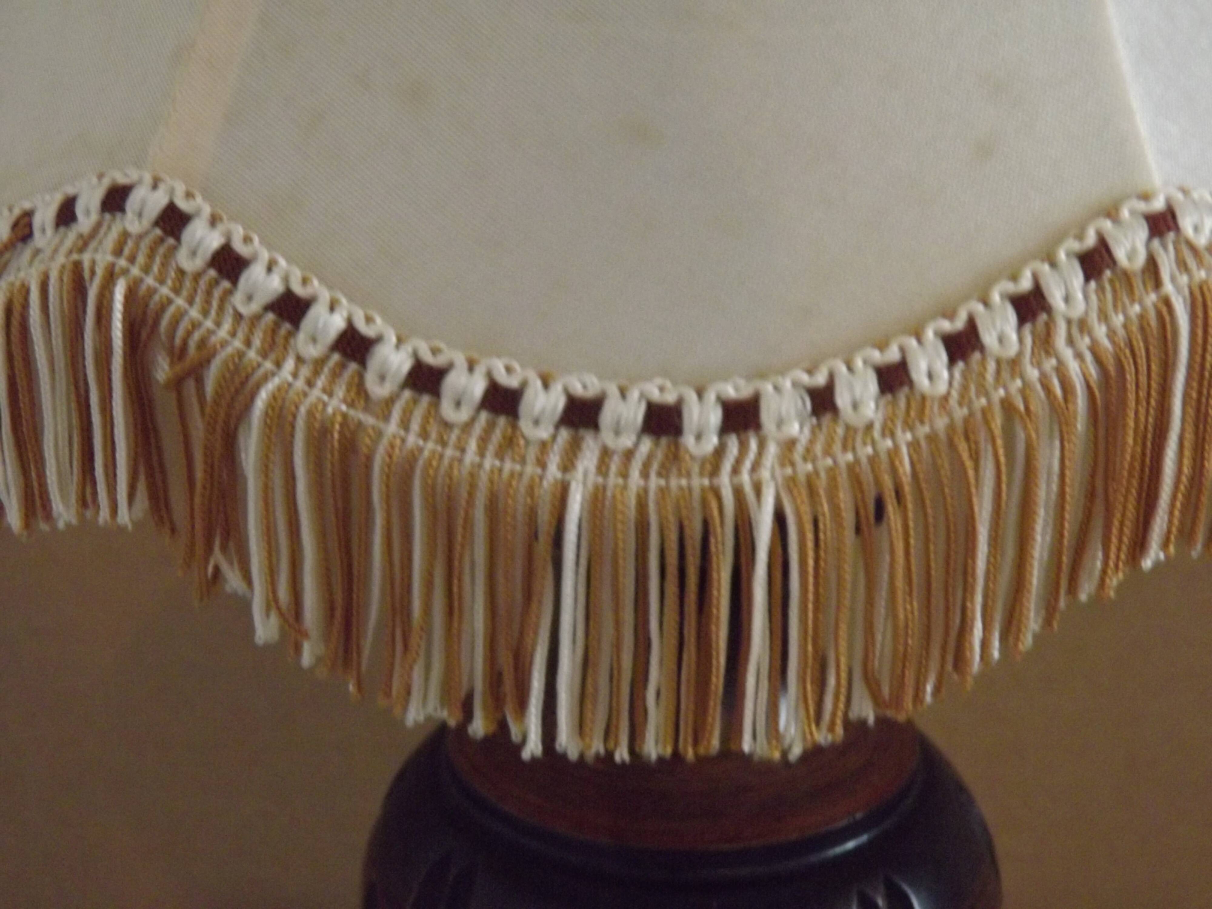 French Mid Century Round Turned Wood Table Lamp Cream Fringed Shade 5573
