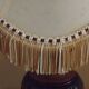 French Mid Century Round Turned Wood Table Lamp Cream Fringed Shade 5573
