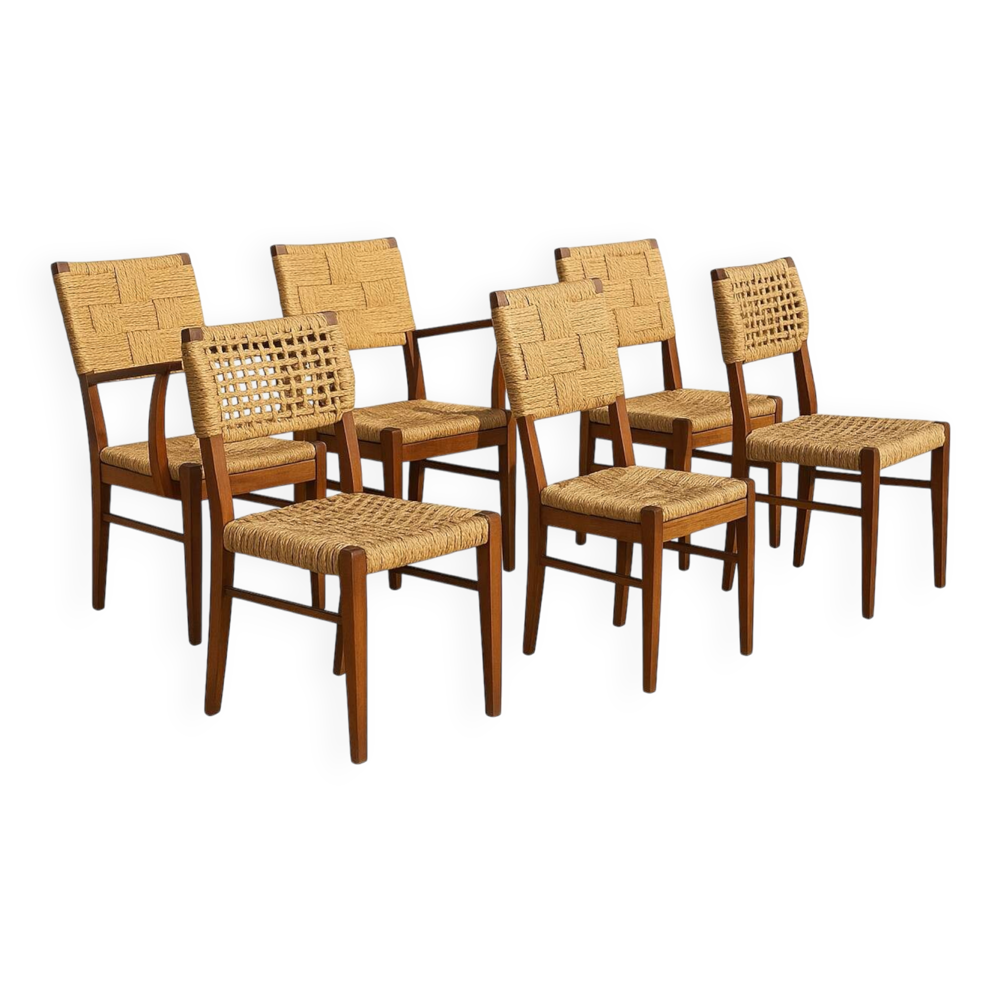 Set of 6 Audoux Minet armchairs and chairs, 1950s