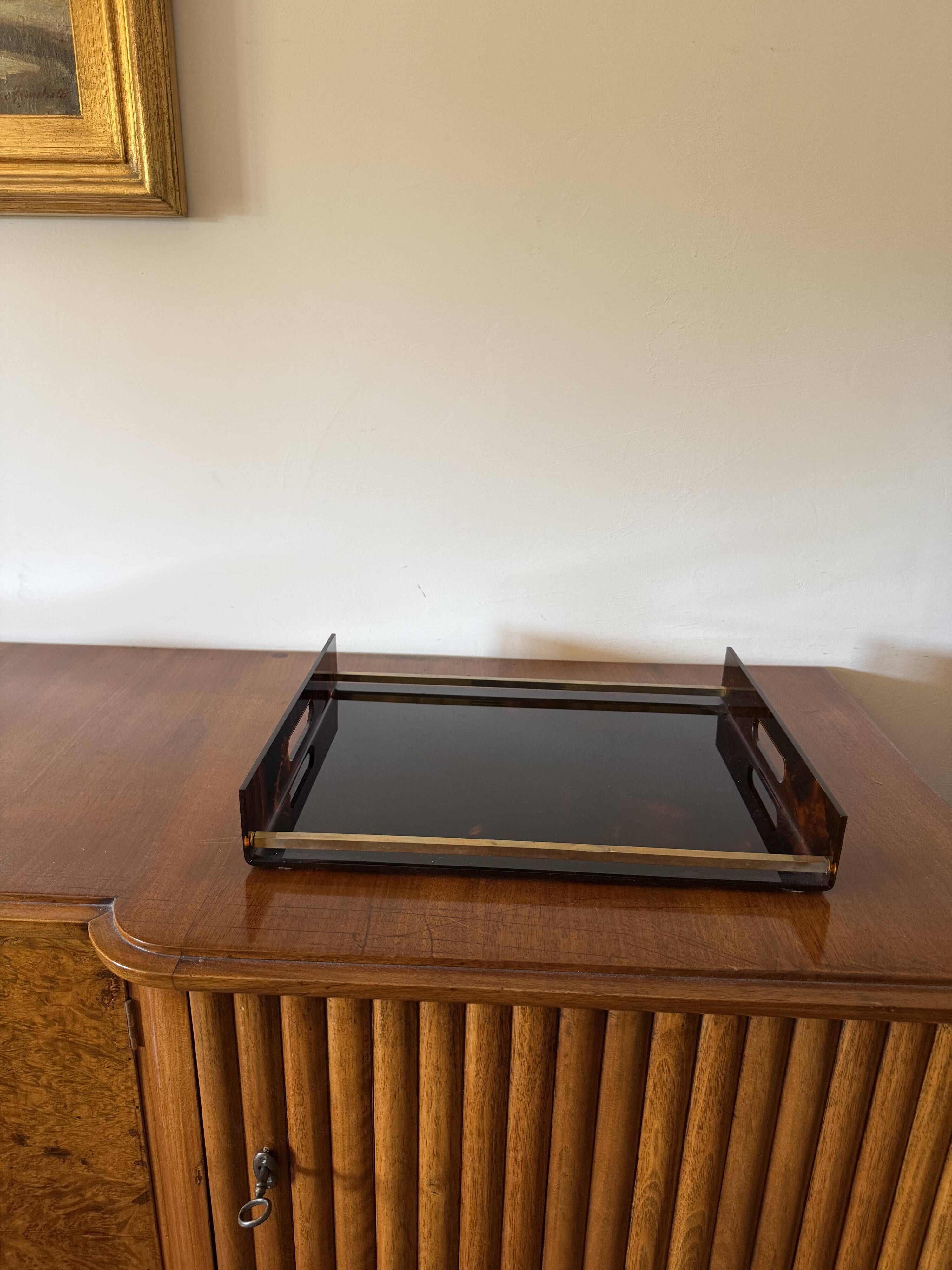 Hollywood regency brass and tortoiseshell lucite tray, Italy 1970s