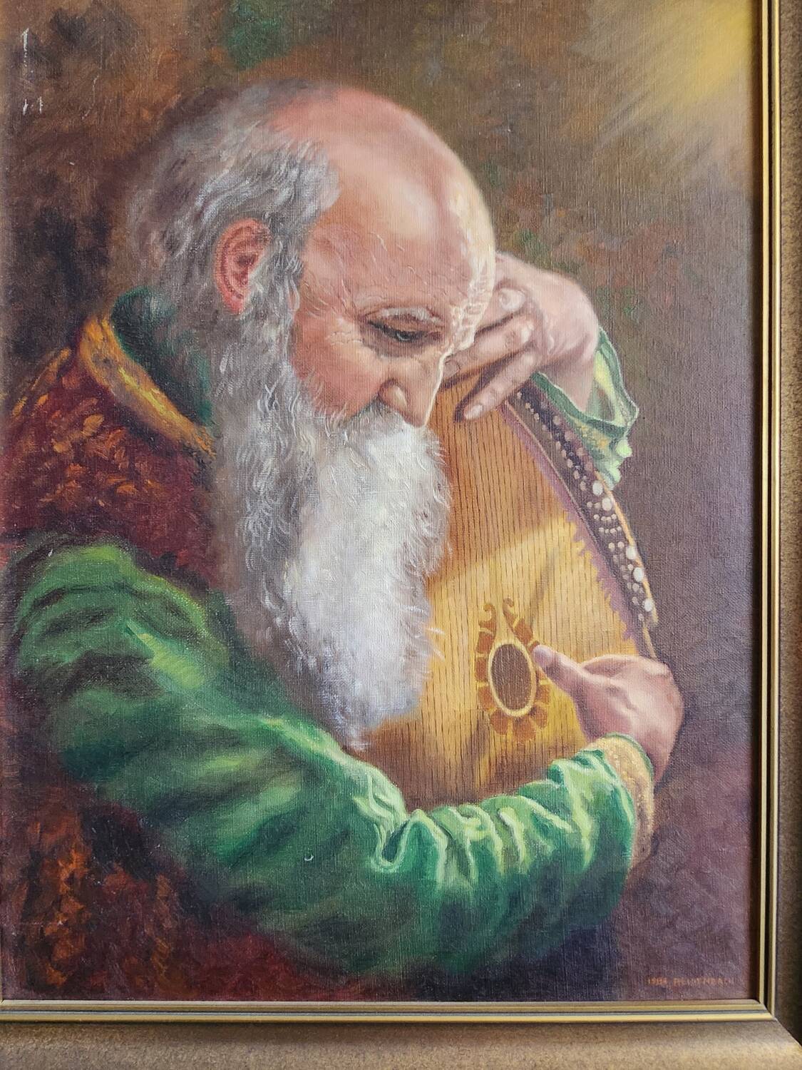 Oil painting on wood "Old man playing the mandolin"