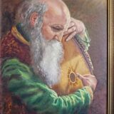 Oil painting on wood old man mandolin player