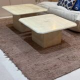 Pair of square nesting coffee tables in white beige travertine marble