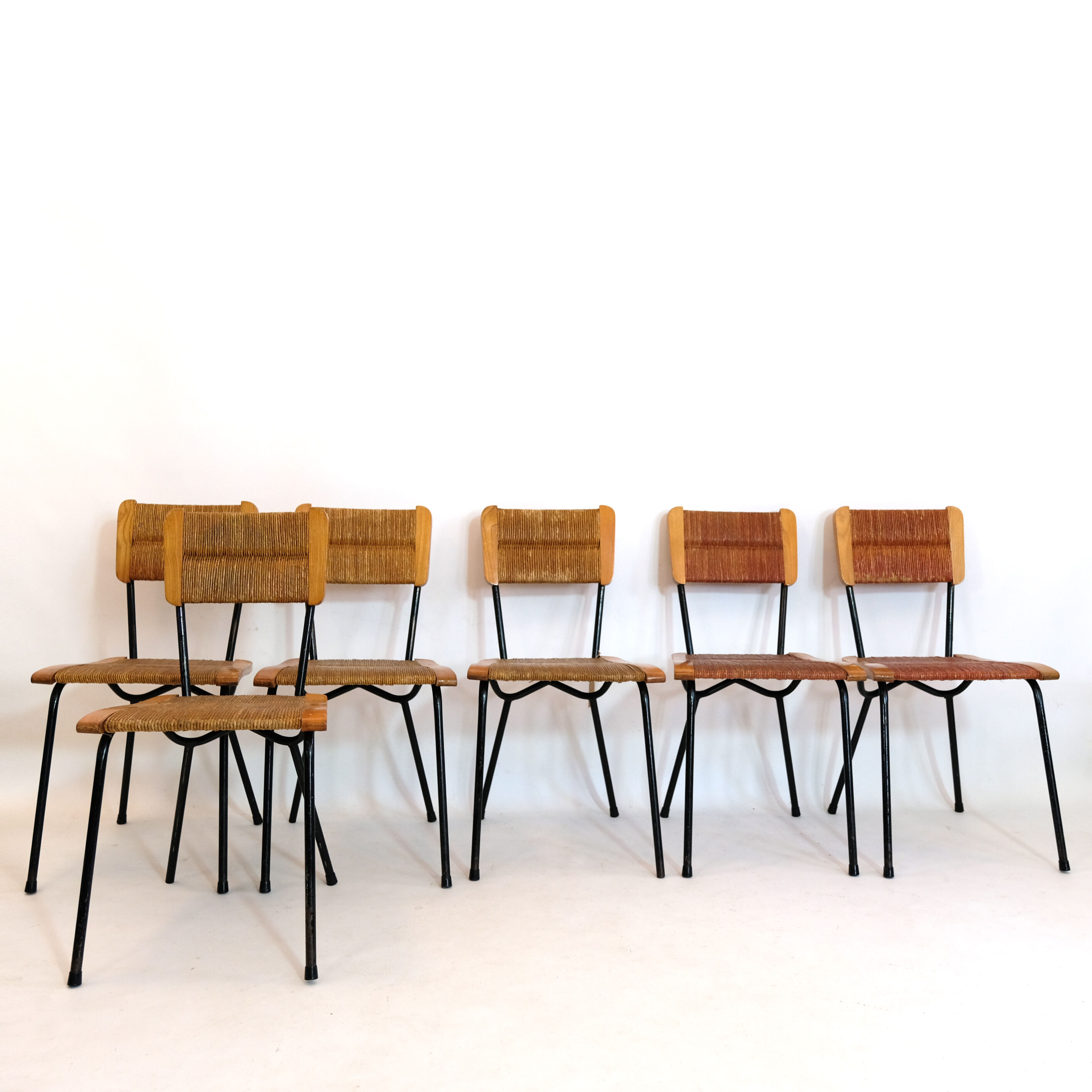 Suite of 6 chairs, wood straw and metal from the 50s