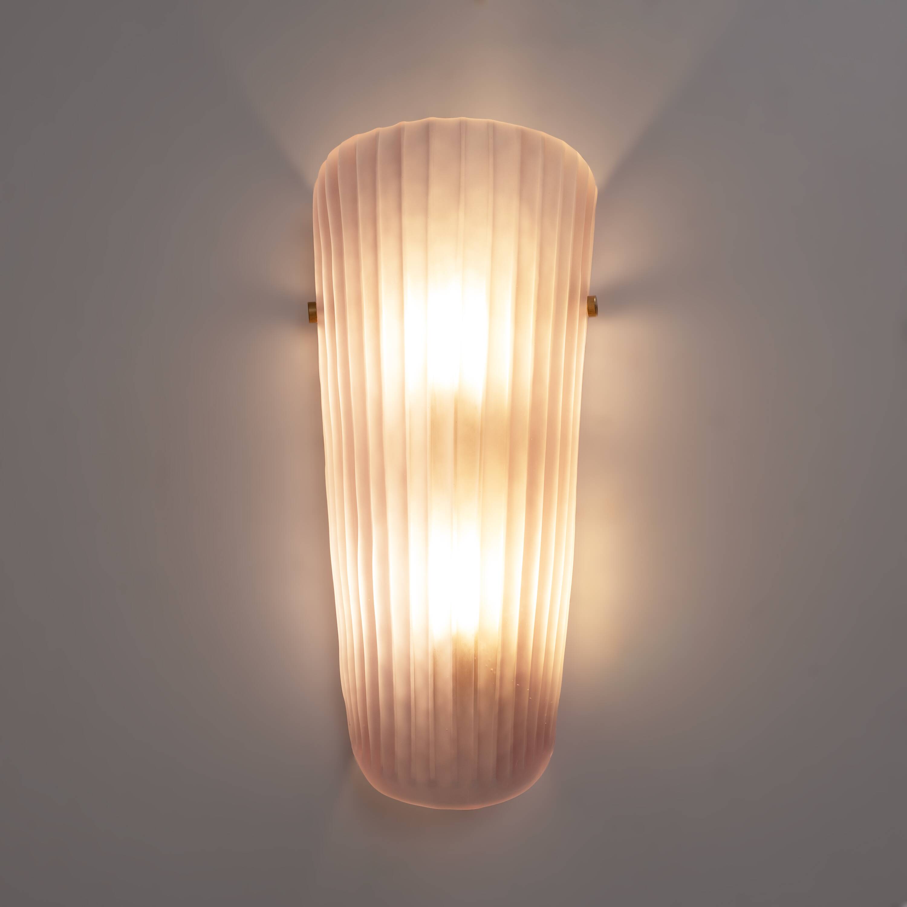 Pair of Murano Glass Wall Sconces in Pink Ribbed Glass and Brass, Italy