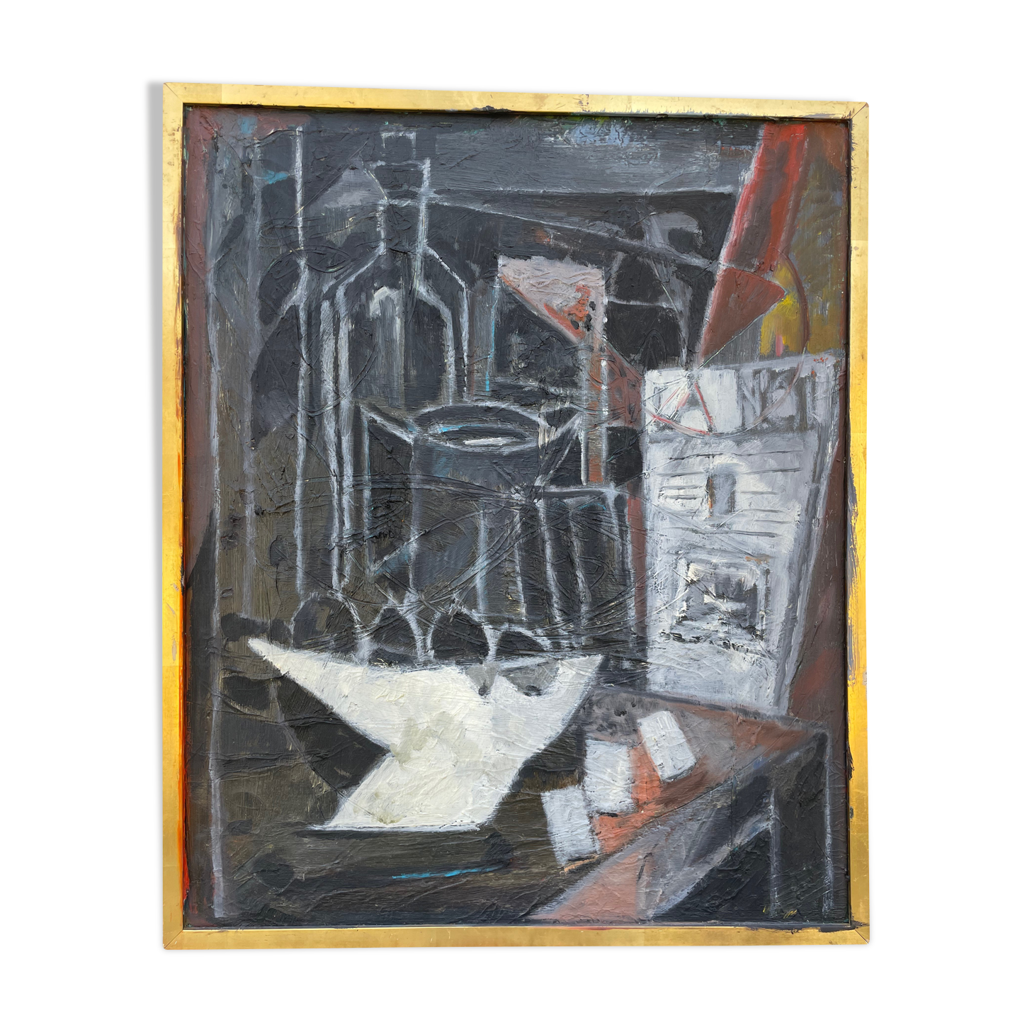Painting modern still life painting with cubist bottle XXth