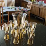 Service à orangeade vintage en verre décoré à l'or fin 1970