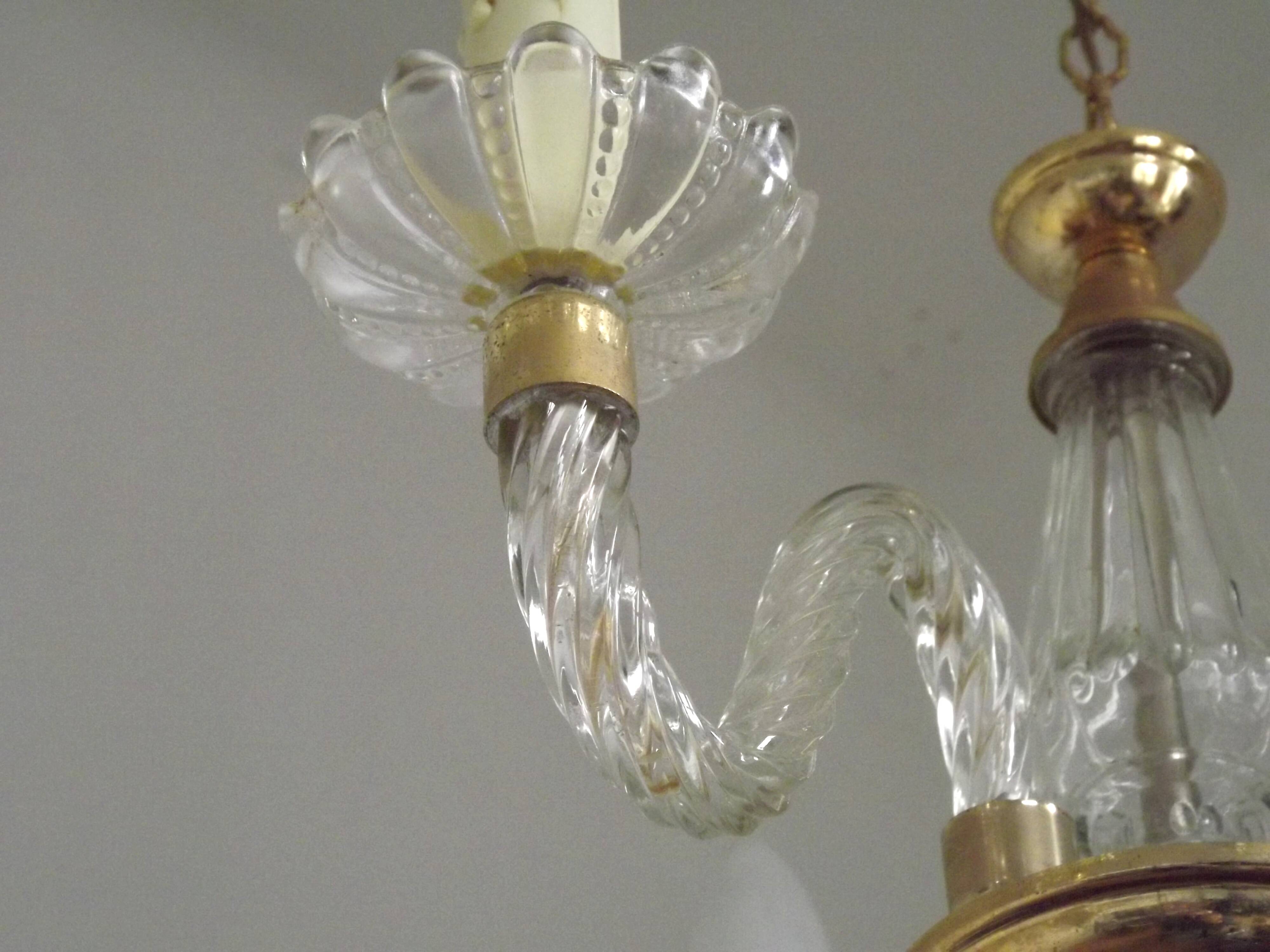 Three-light chandelier in gold metal with twisted glass arms French Barley 5230