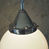 Art deco globe pendant light in white opaline and aluminum rod