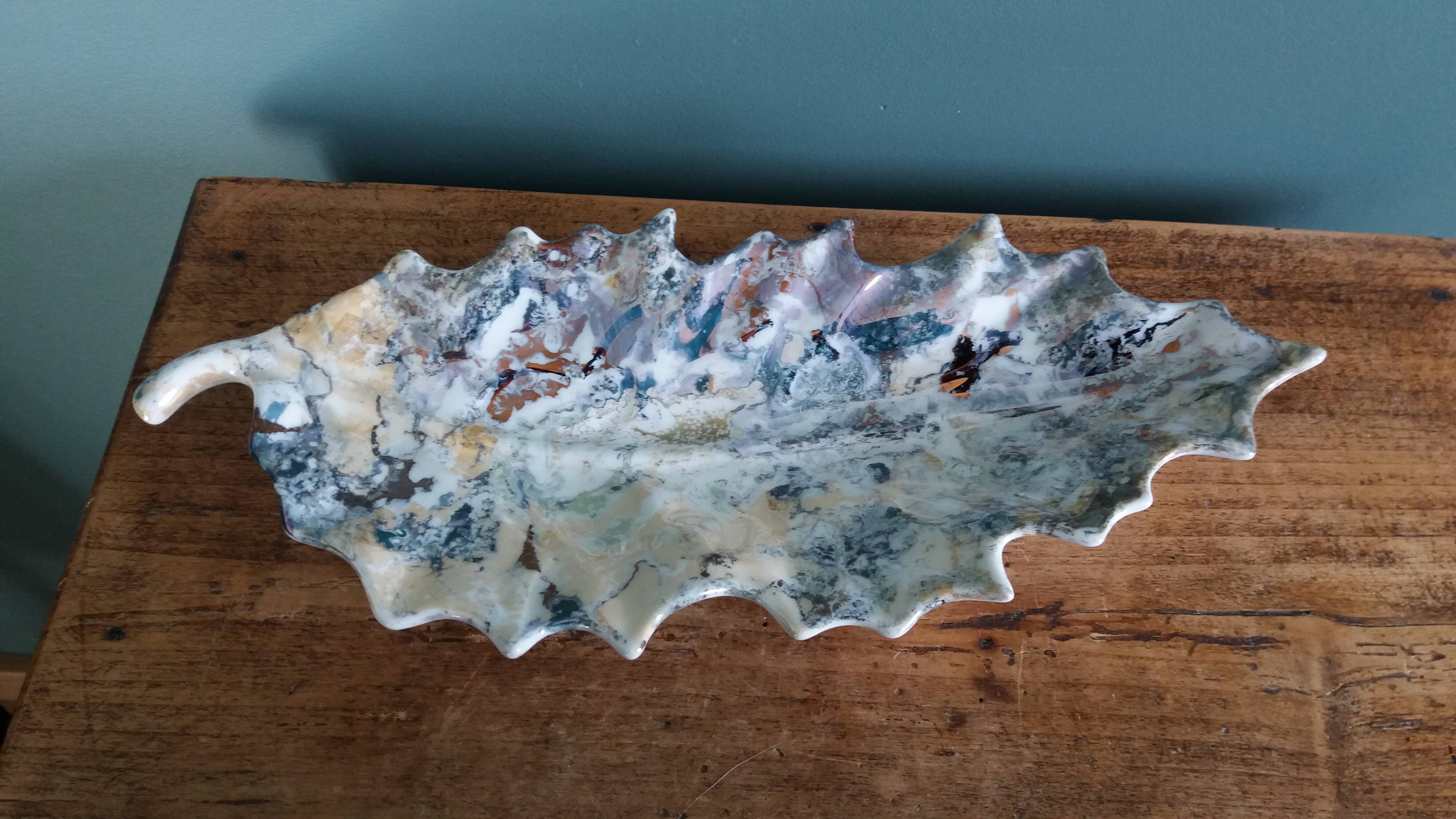 Iridescent enamelled leaf catchall, signed Gfredy.