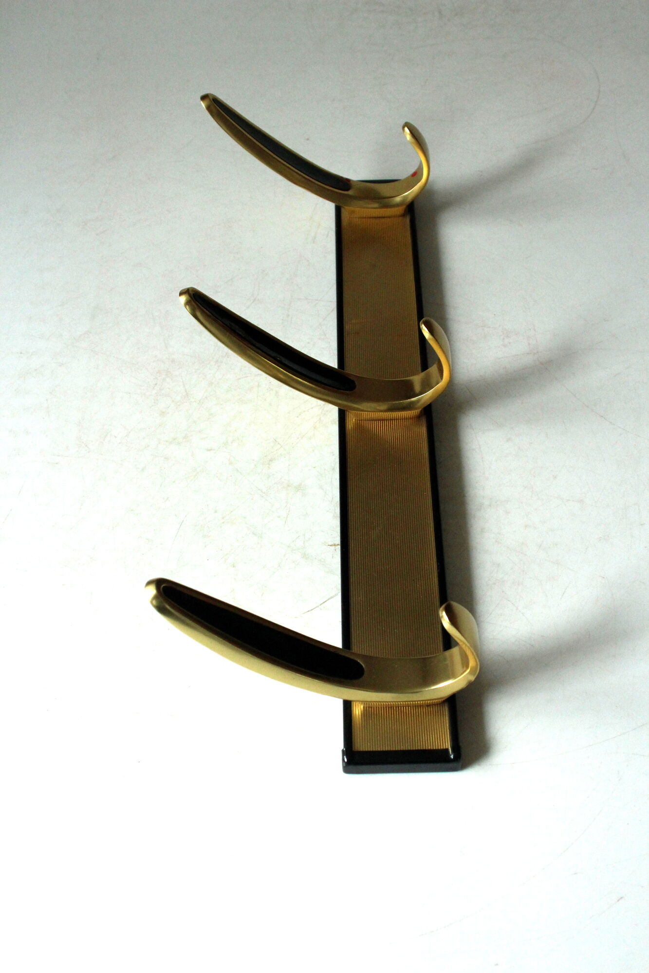 Rockabilly wall mounted metal  and brass coat rack with 3 hooks, vintage from the 1950s