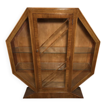 Art deco vintage brocante walnut hexagonal display cabinet - 1920-1930