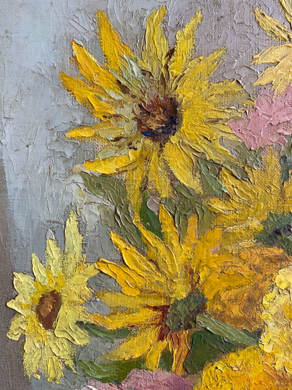 Antique painting, still life with blue vase and flowers, mid-20th century